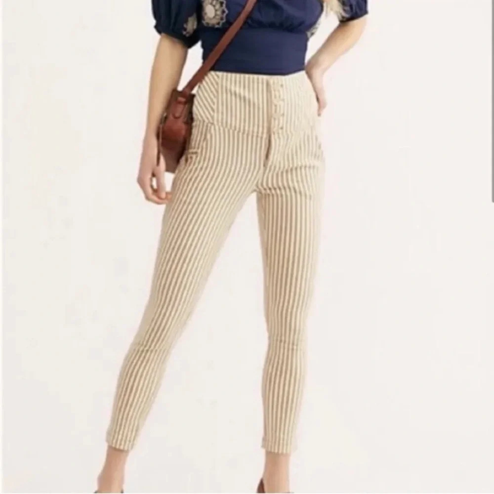 Free People Women's Beige Tan Striped High Waist Button Fly Frankie Pants Size 4